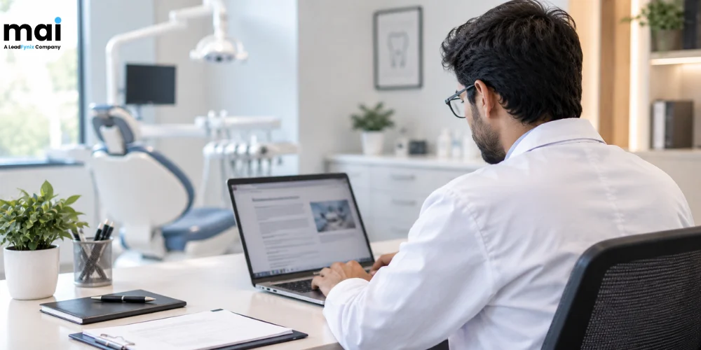 Dentist working on a laptop while applying local SEO for dentists in a modern dental clinic.