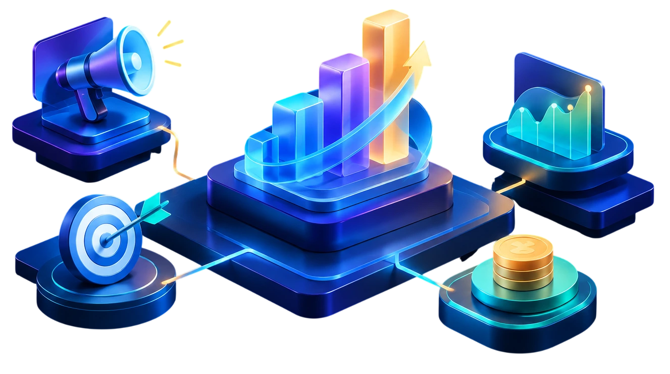 3D illustration representing performance marketing, campaign optimization, and business growth.
